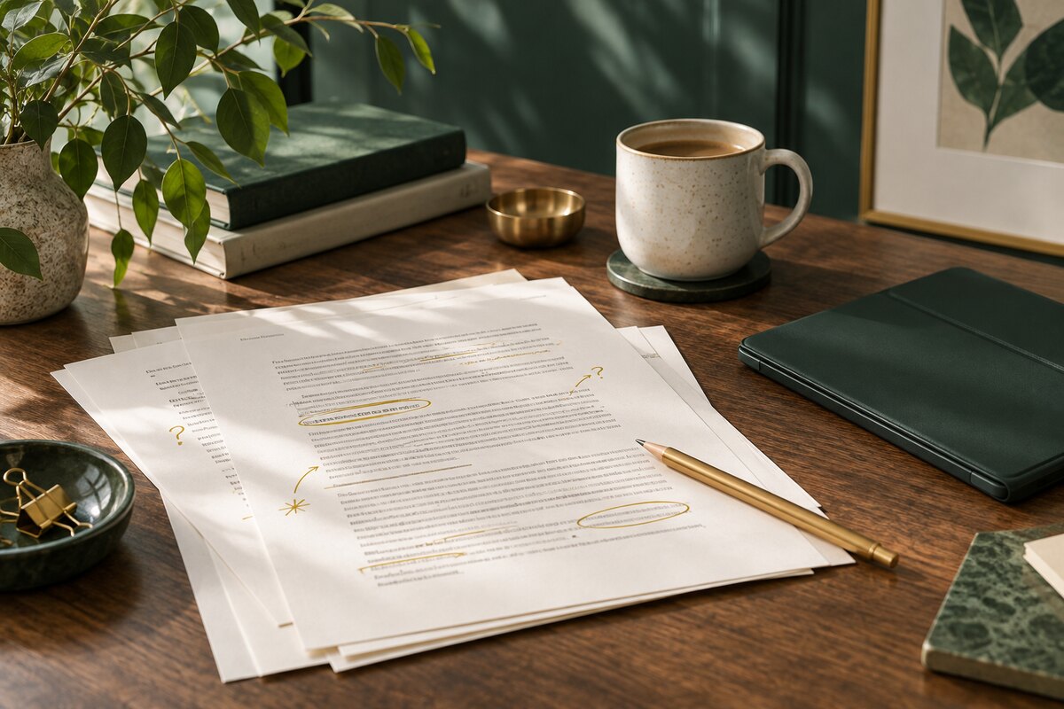 Illustration of marked draft pages beside a tablet and pencil for reviewing training materials.