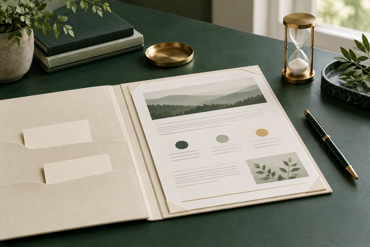 Illustration of a workshop proposal portfolio, business cards, a pen and an hourglass.
