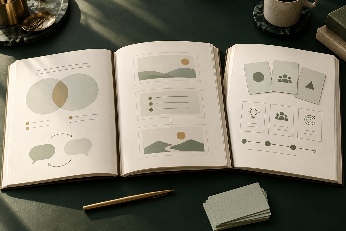 Illustration of three open training workbooks comparing conversation, presentation and facilitation exercises.