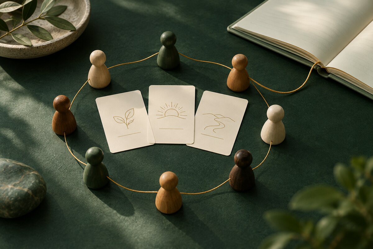 Illustration of wooden game tokens surrounding reflection cards beside an open notebook.