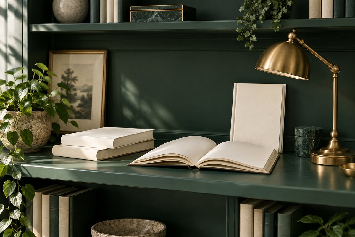 Illustration of cream guidebooks and a brass reading lamp on a green bookshelf.