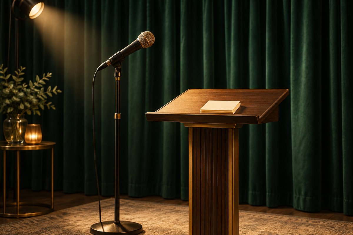 Illustration of a microphone and cue cards ready for presentation practice.
