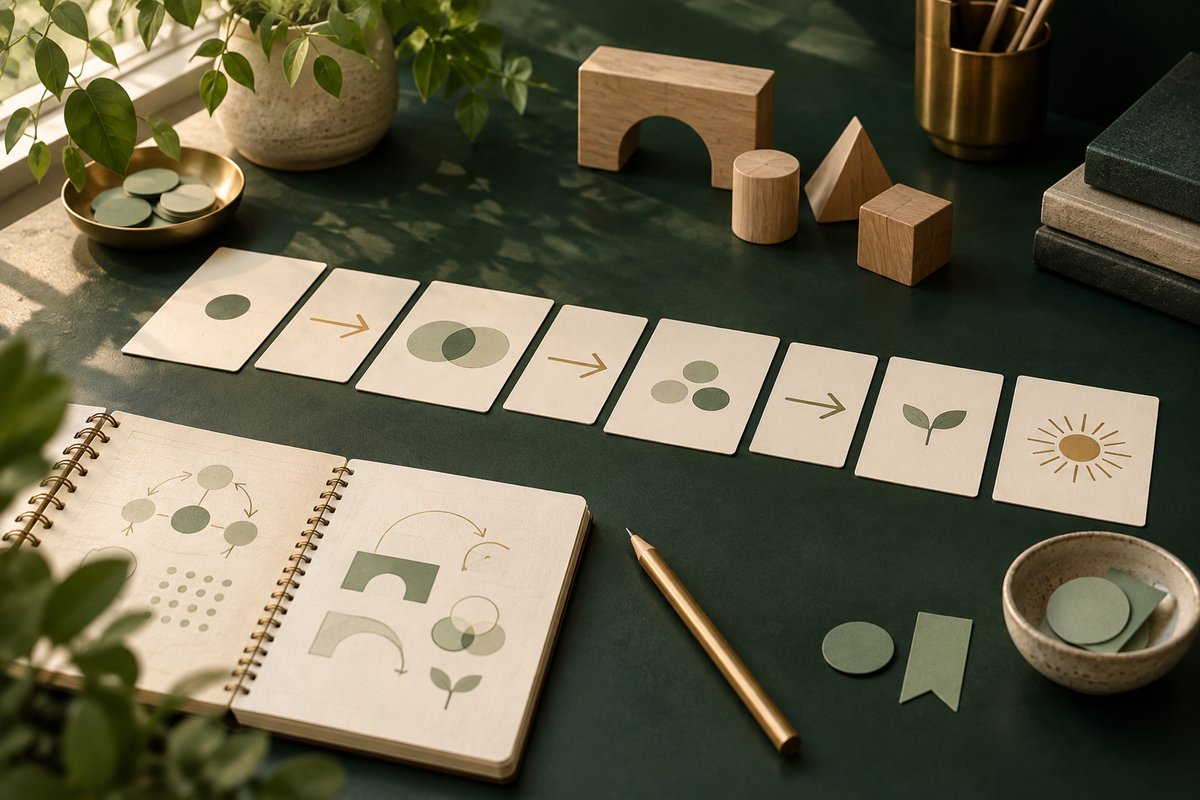 Illustration of learning cards arranged in a sequence beside a notebook and wooden blocks.